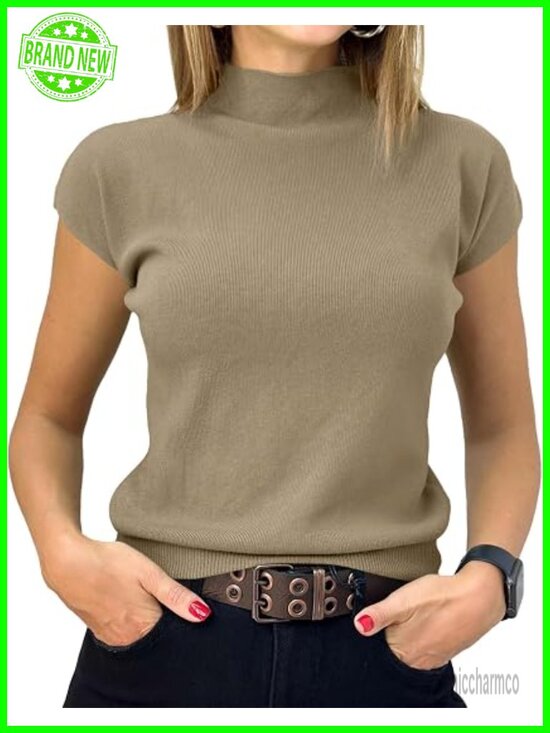 Sweaters - Short Sleeve Mock Neck Sweater Slim Fit Ribbed Knit Pullover Top